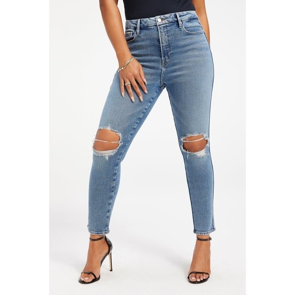Good American Good Curve Skinny Crop Denim Jeans Blue High Waist Distressed New - Picture 6 of 9